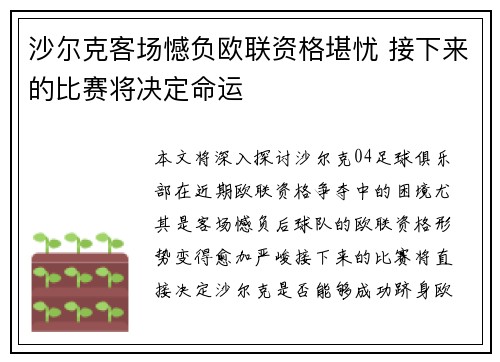 沙尔克客场憾负欧联资格堪忧 接下来的比赛将决定命运