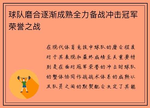 球队磨合逐渐成熟全力备战冲击冠军荣誉之战