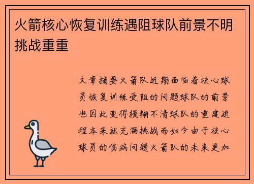火箭核心恢复训练遇阻球队前景不明挑战重重