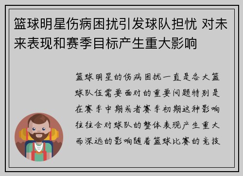 篮球明星伤病困扰引发球队担忧 对未来表现和赛季目标产生重大影响