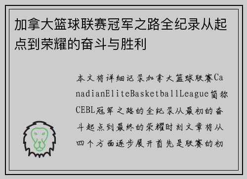 加拿大篮球联赛冠军之路全纪录从起点到荣耀的奋斗与胜利