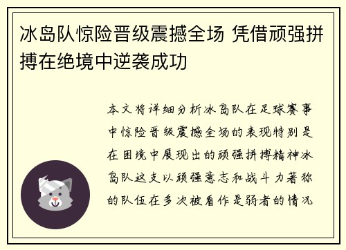 冰岛队惊险晋级震撼全场 凭借顽强拼搏在绝境中逆袭成功