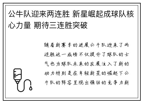 公牛队迎来两连胜 新星崛起成球队核心力量 期待三连胜突破